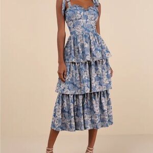 Lovely Bliss Blue Floral Jacquard Bustier Midi Dress